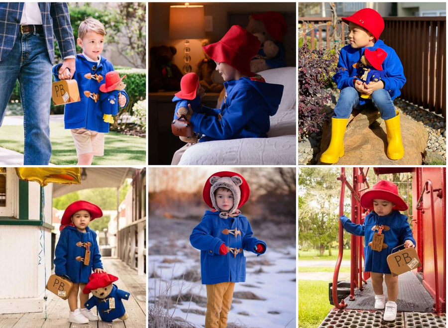 Collage of children in wearing a royal blue wool toggle coat and red hat, posing with a plush Paddington Bear indoors and outdoors.