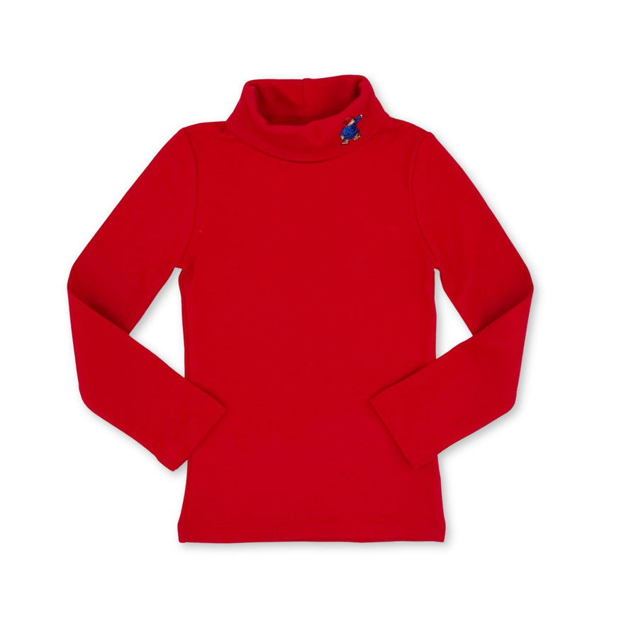 Paddington Bear organic cotton red turtleneck for kids with soft, sensory-friendly fabric, embroidered collar detail, and cozy long sleeve perfect for winter layering