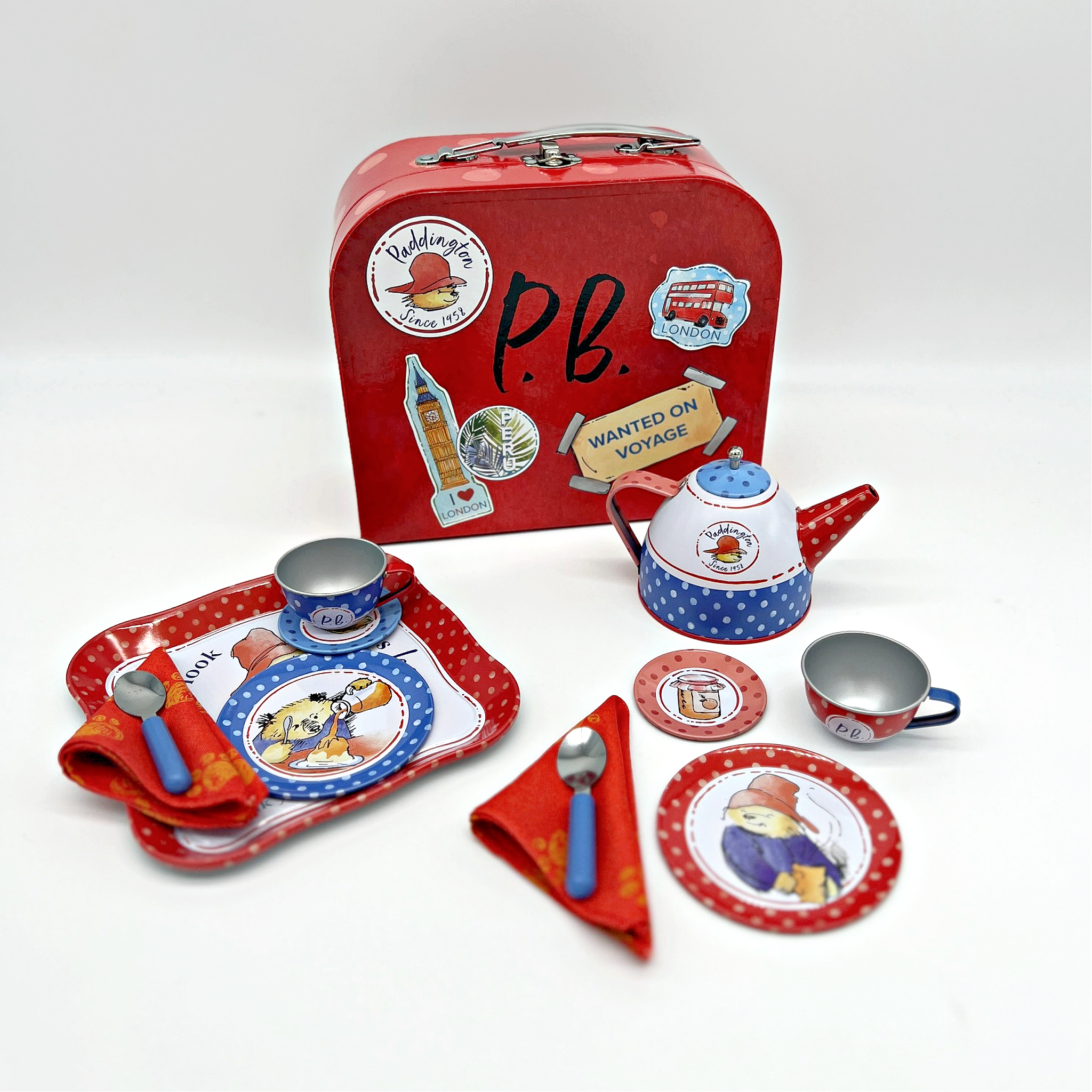 Paddington Bear tin tea set with a red travel-themed suitcase, teapot, cups, saucers, plates, and spoons for kids' tea parties and pretend play