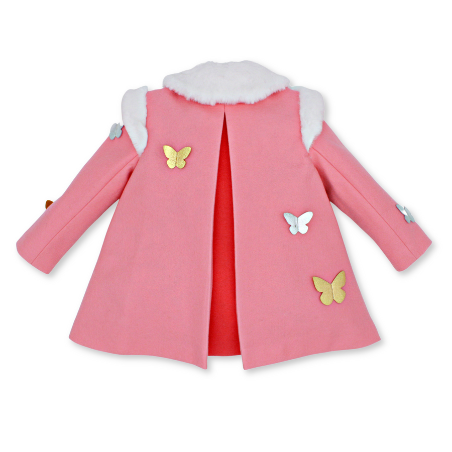 Back view of pink wool girls' coat featuring a hot pink pleat, faux fur collar, and gold and silver butterfly appliqués on the sleeves and bodice