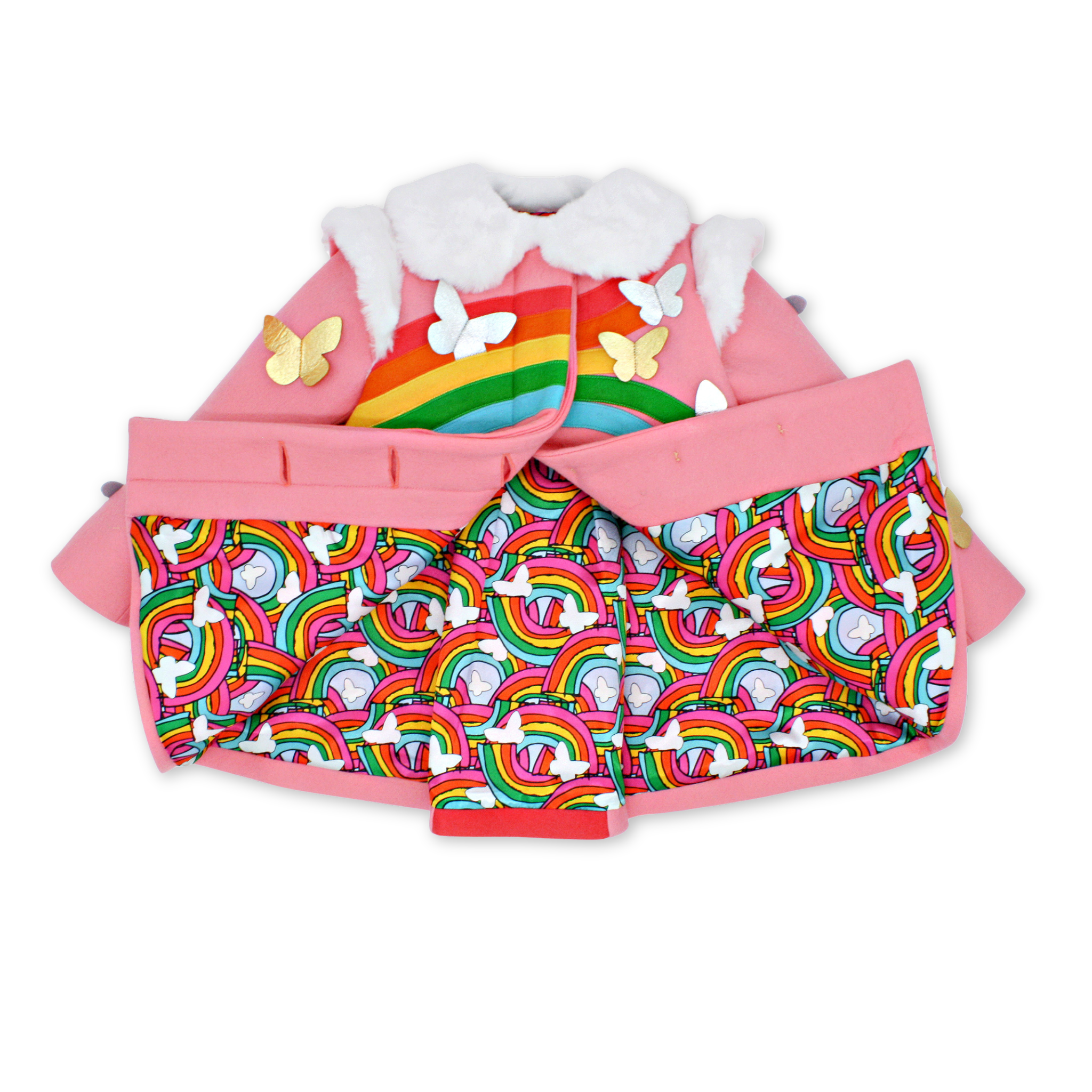 Inside view of pink wool girls' coat, showing vibrant rainbow and butterfly print lining with a faux fur collar and gold butterfly details