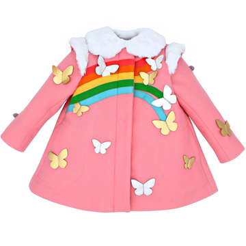 Pink wool girls' coat with a rainbow, gold and silver butterflies, faux fur collar, and hidden buttons. Lined with a custom rainbow butterfly print.