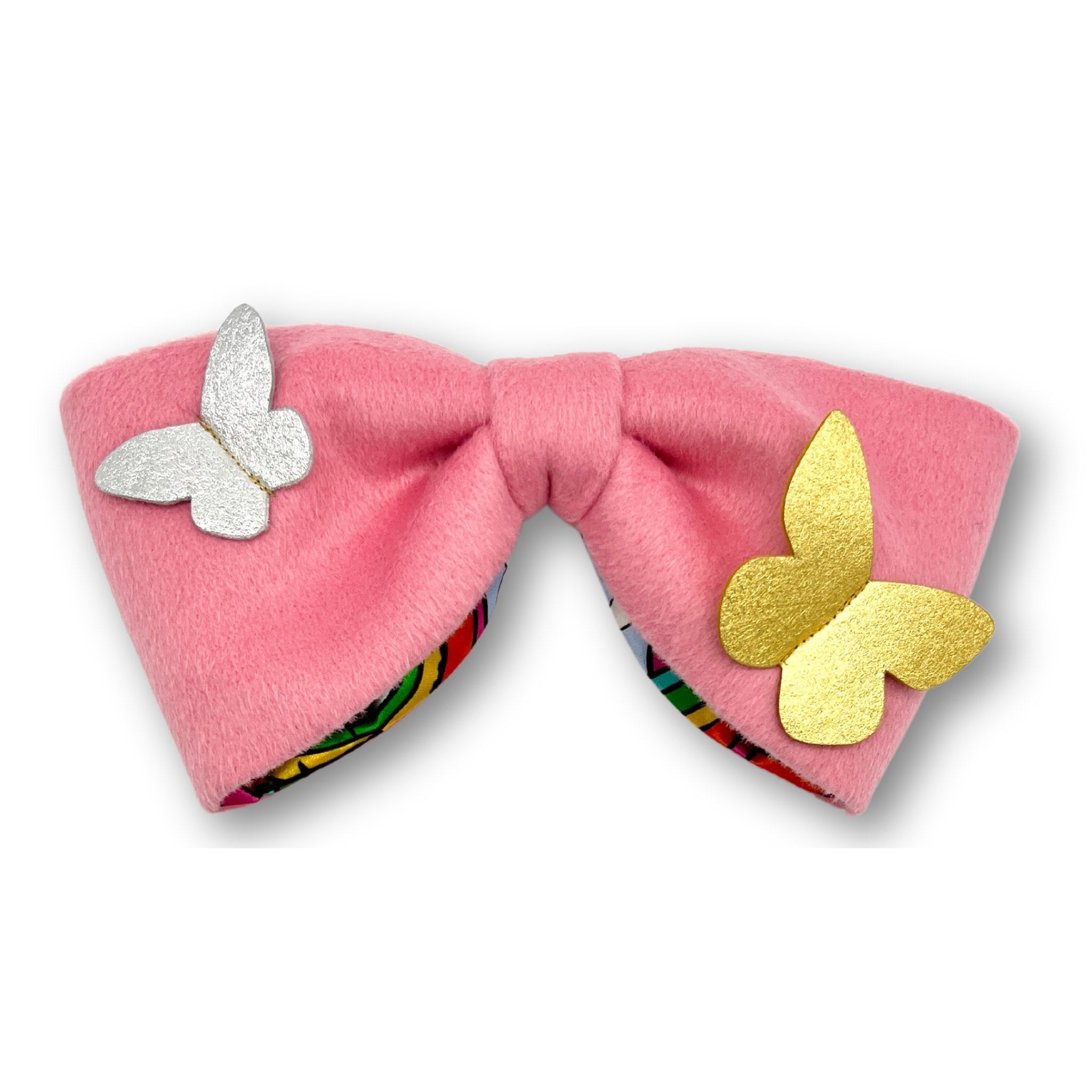 Pink Rainbow Dreamer bow crafted from brushed wool, lined with colorful rainbow satin, and embellished with metallic butterflies