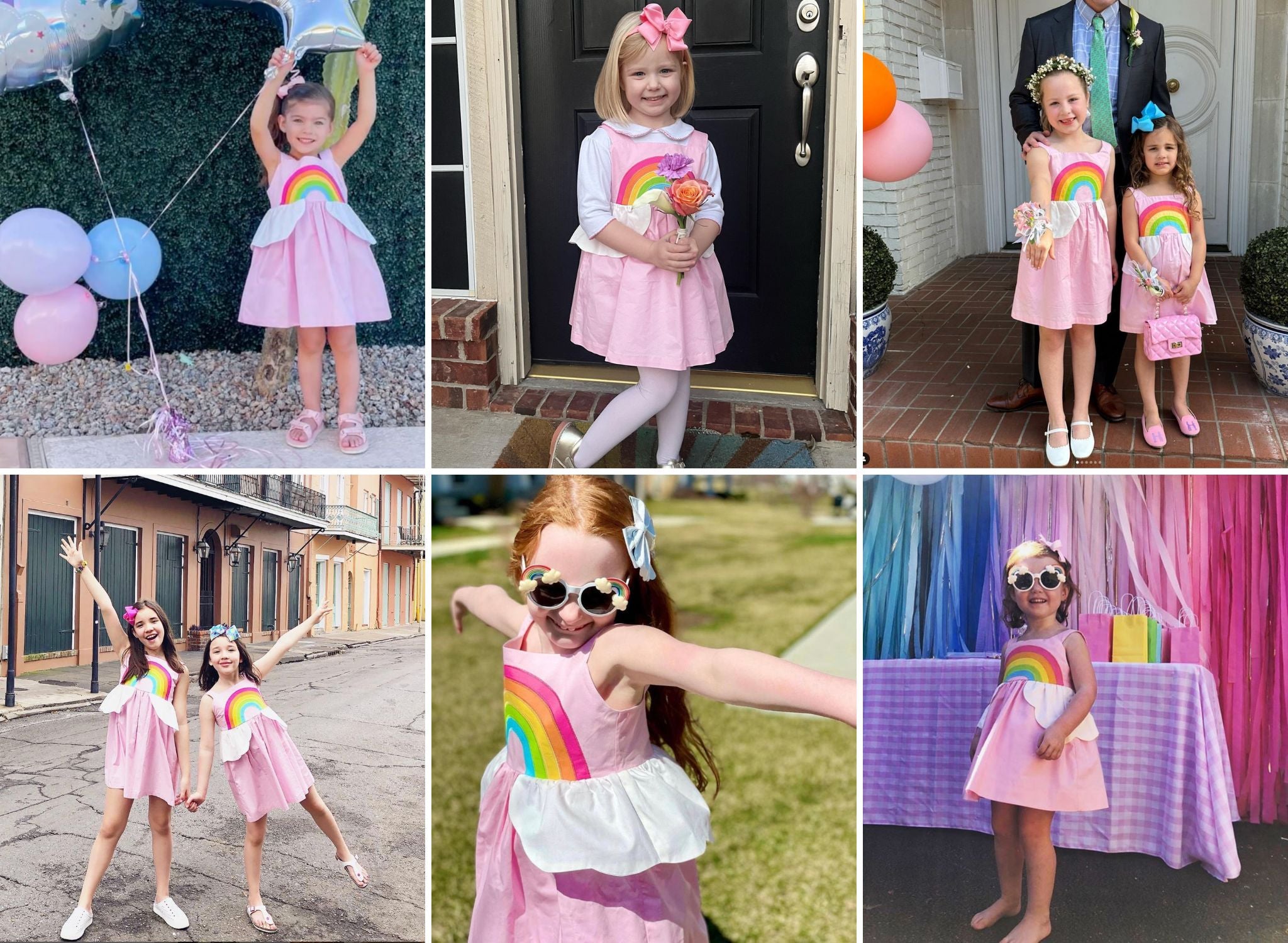 Children posing in pink rainbow sundresses at a celebration