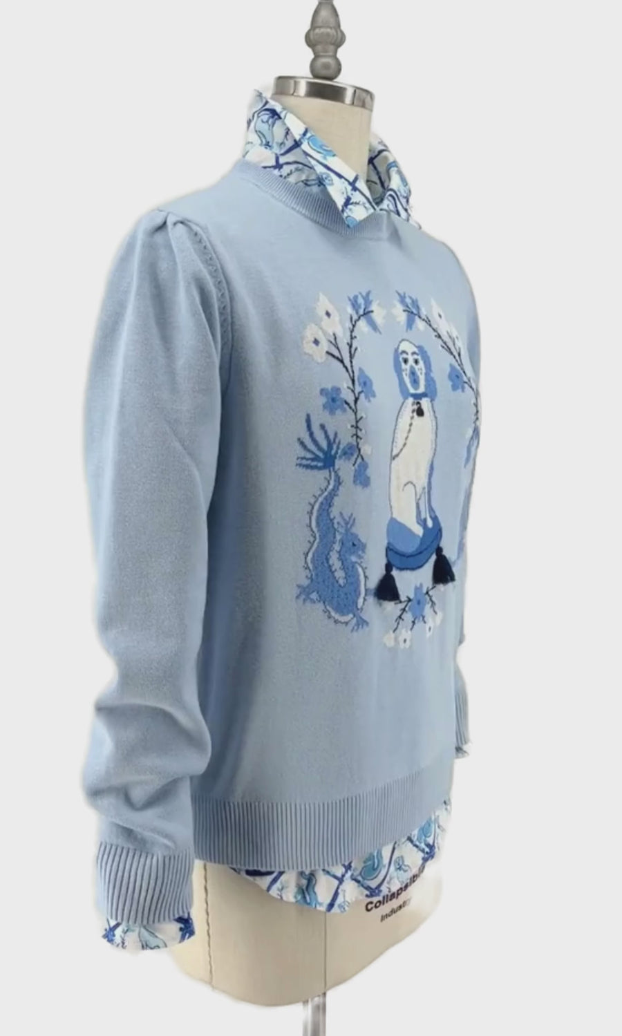 video showcasing Close-up of Willa Heart dog and dragon motif with detailed intarsia knit and tassels on a blue cotton sweater.