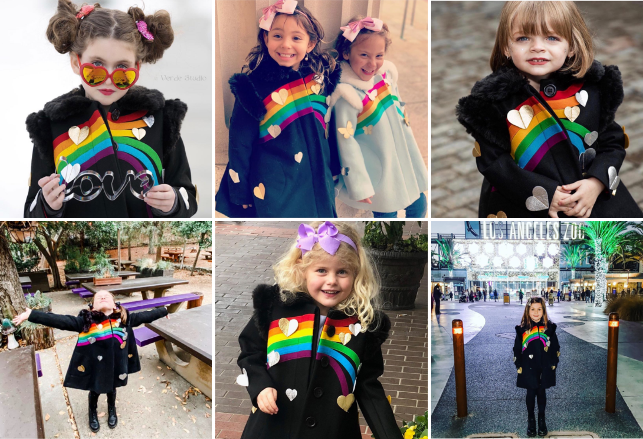 Collage of Girls'in  Queen of Hearts coat in black wool with rainbow appliqué, metallic hearts, and faux fur collar, styled in various settings.