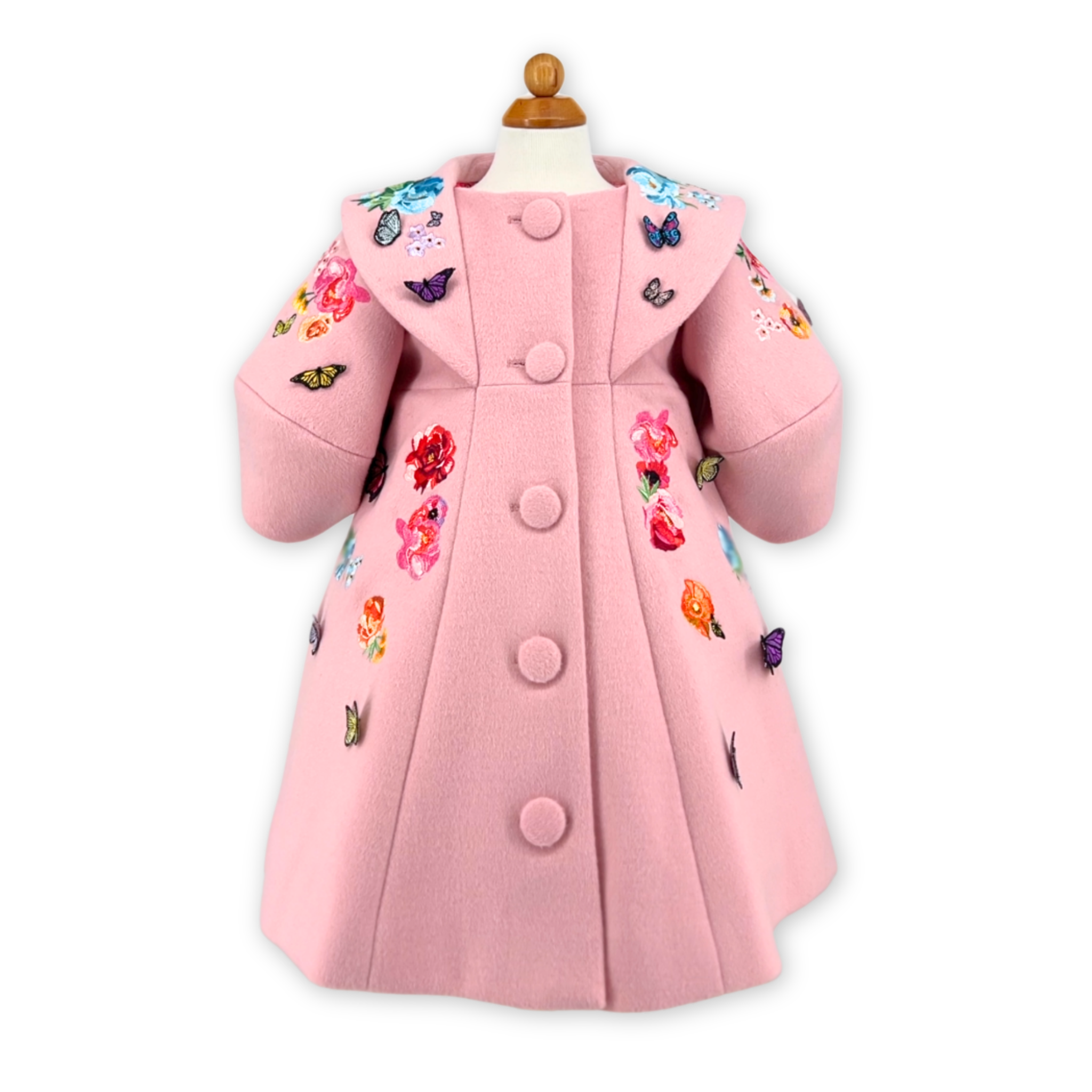 Pink wool girls' coat with colorful floral embroidery and butterfly details, featuring a portrait collar, lantern sleeves, and satin lining