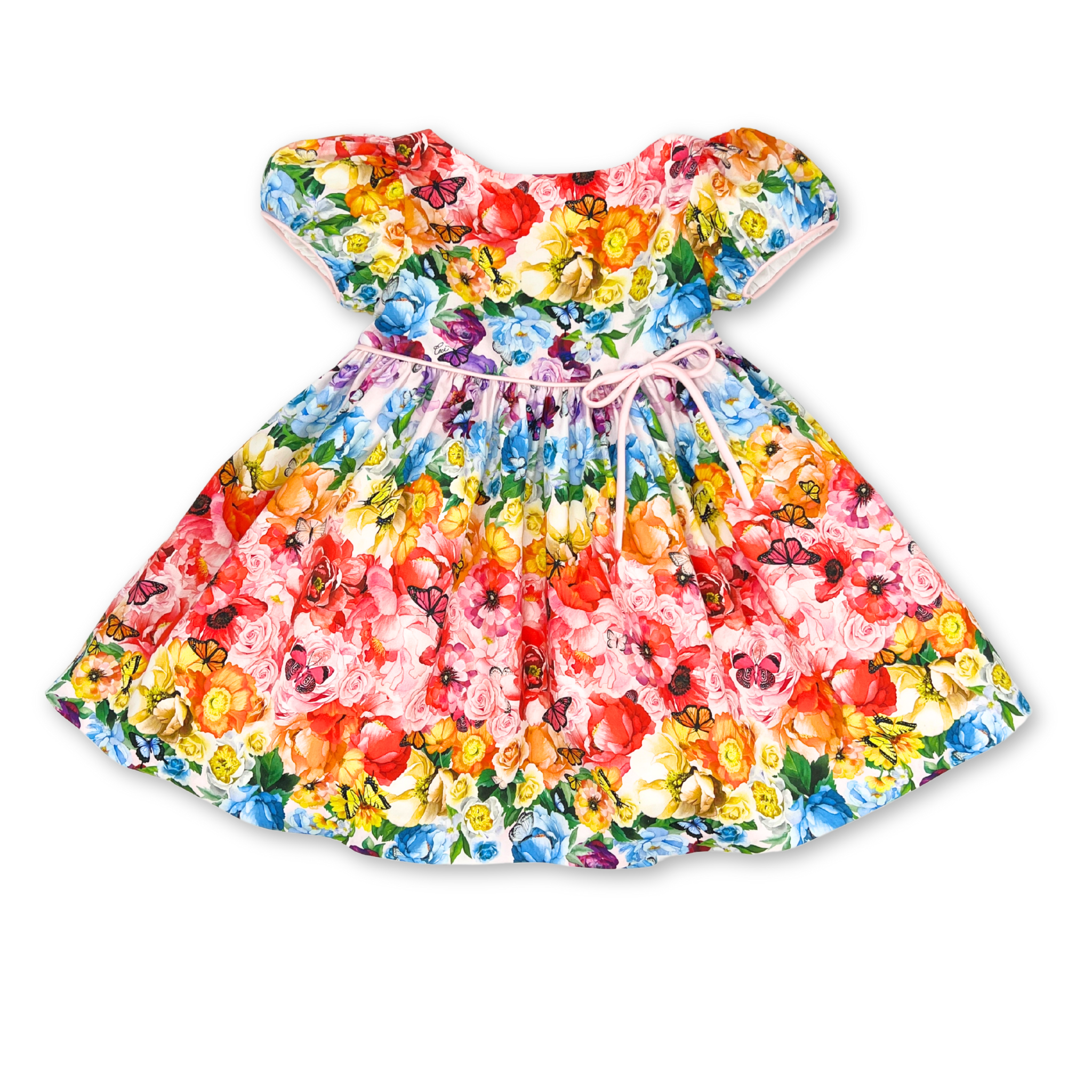 flat-lay rainbow bloom dress floral butterfly printpuff-sleeves gathered skirt waist tie for special occasions