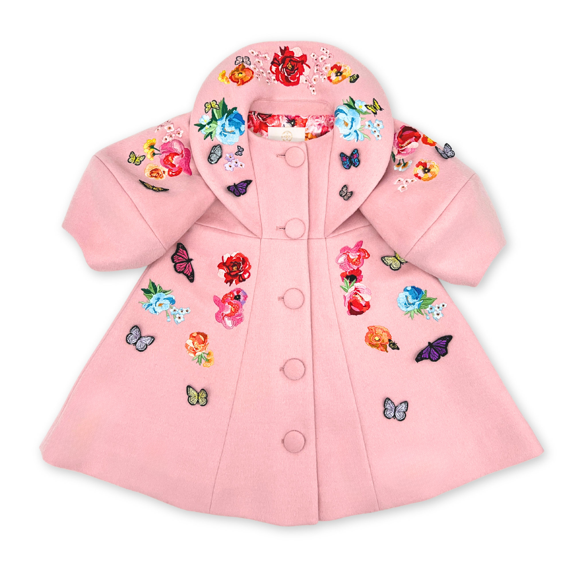Petal pink wool girls' coat with floral embroidery, butterfly appliqués, portrait collar, and lantern sleeves. Perfect for special occasions.