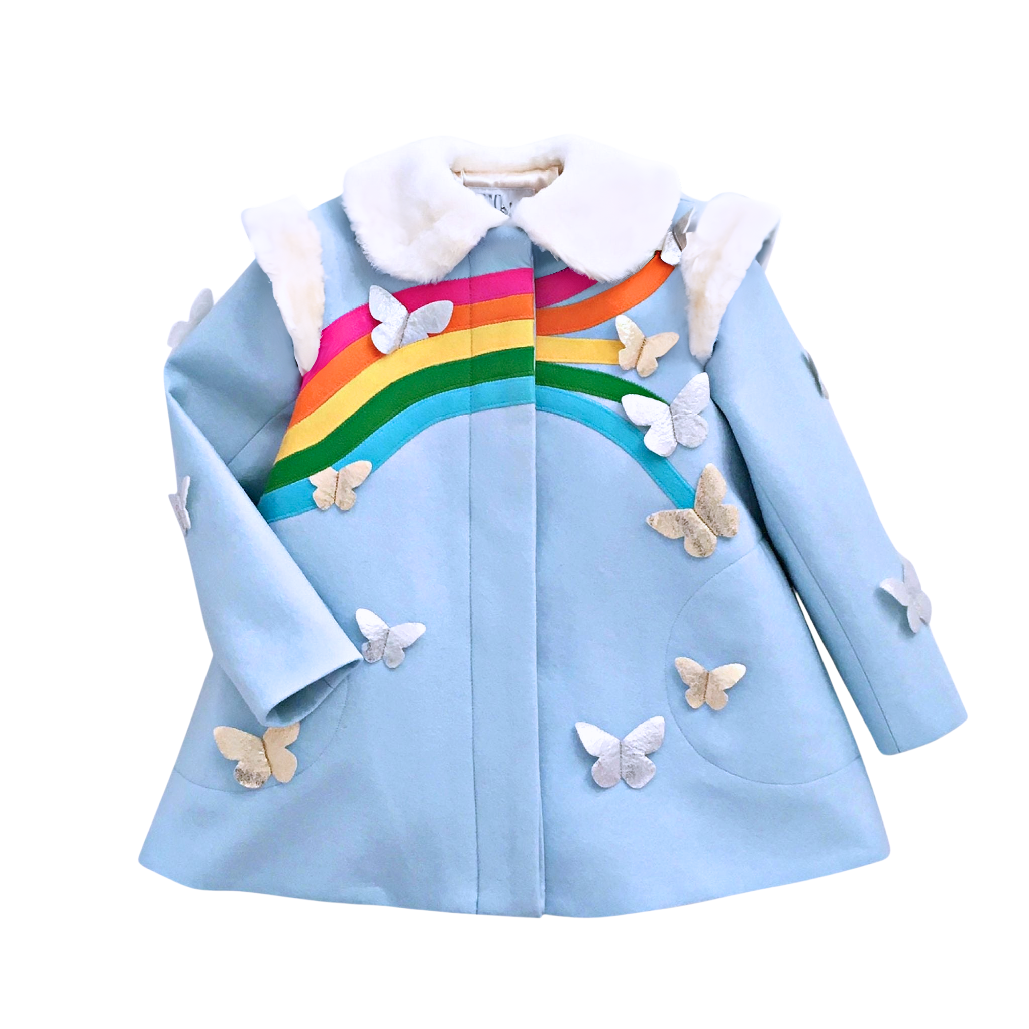  Sky blue wool girls' coat with rainbow design, gold and silver butterflies, faux fur collar, and hidden button closure