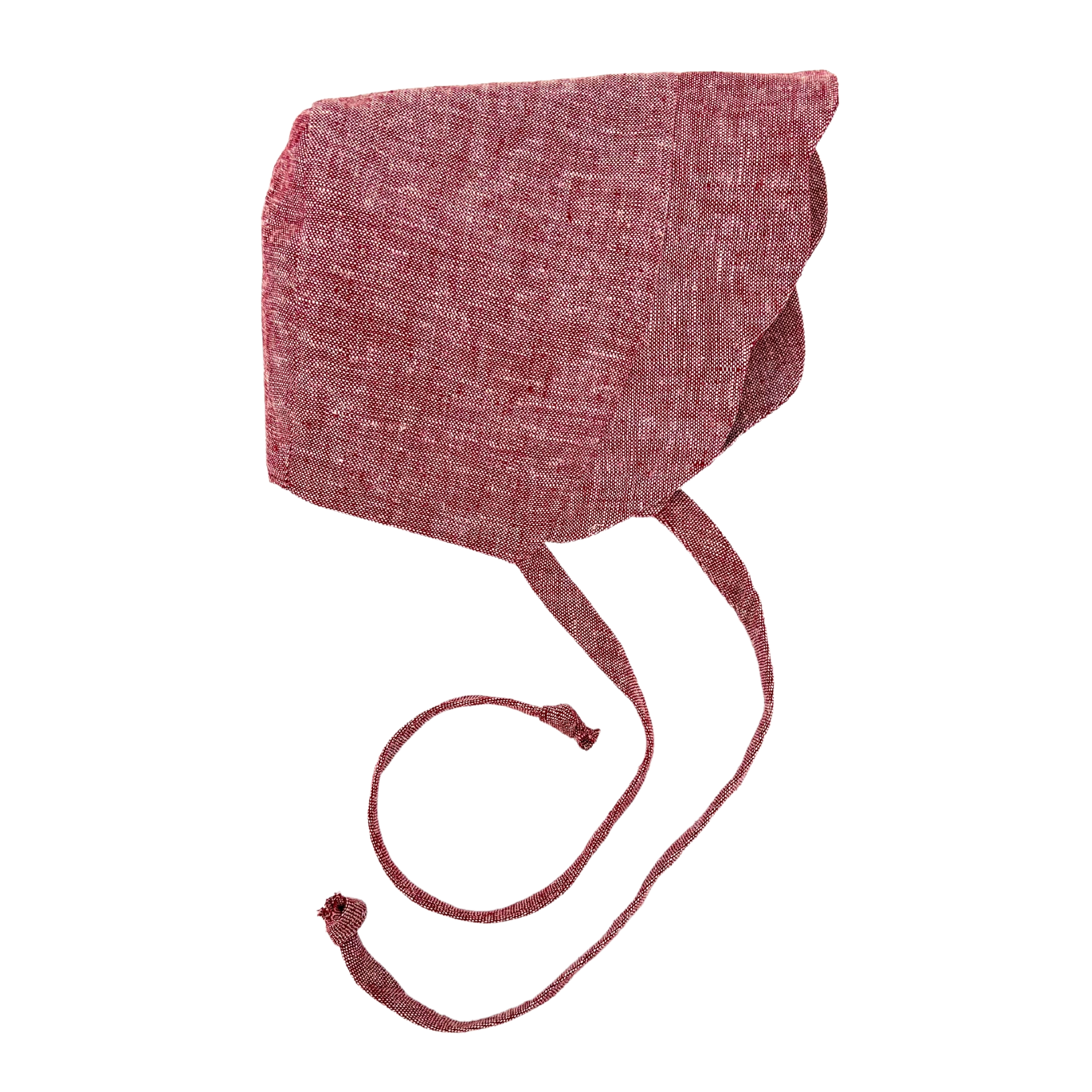 Red scallop bonnet with scalloped brim and long ties, handmade for sun protection and secure fit for babies.
