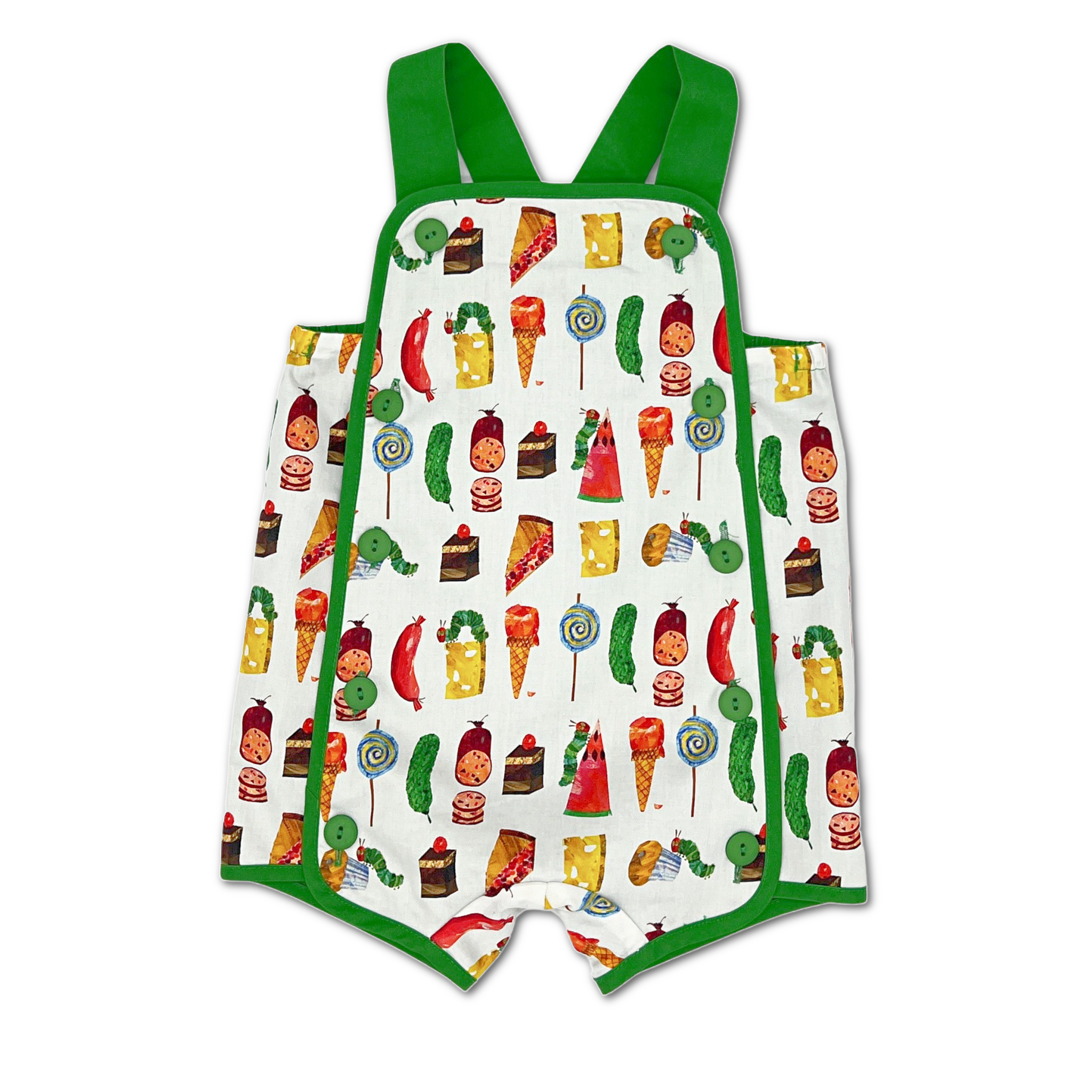 Reversible toddler romper featuring a vibrant Hungry Caterpillar food print with green trim and button accents.