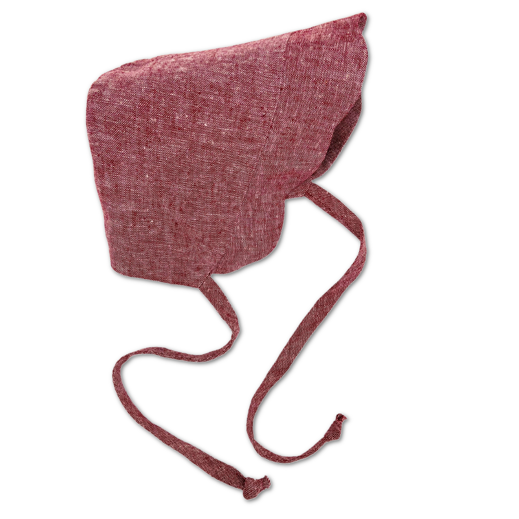 Cape Cod Red scallop bonnet with folded brim for adjustable sun protection, handmade from linen and rayon for a baby's comfort.