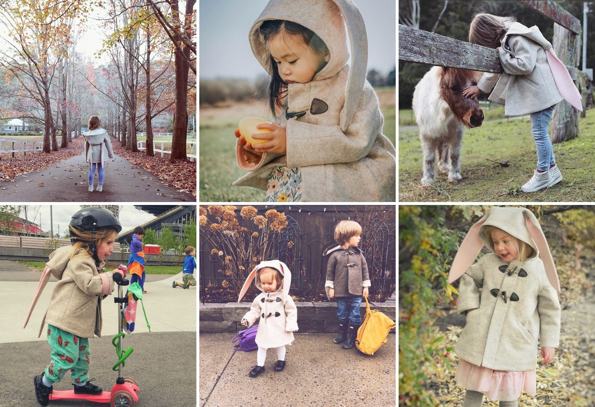 A collage of children wearing the Snowshoe Rabbit Coat, a merino wool jacket with a bunny ear hood, toggle closures, and plush lining, enjoying outdoor adventures in fall and winter