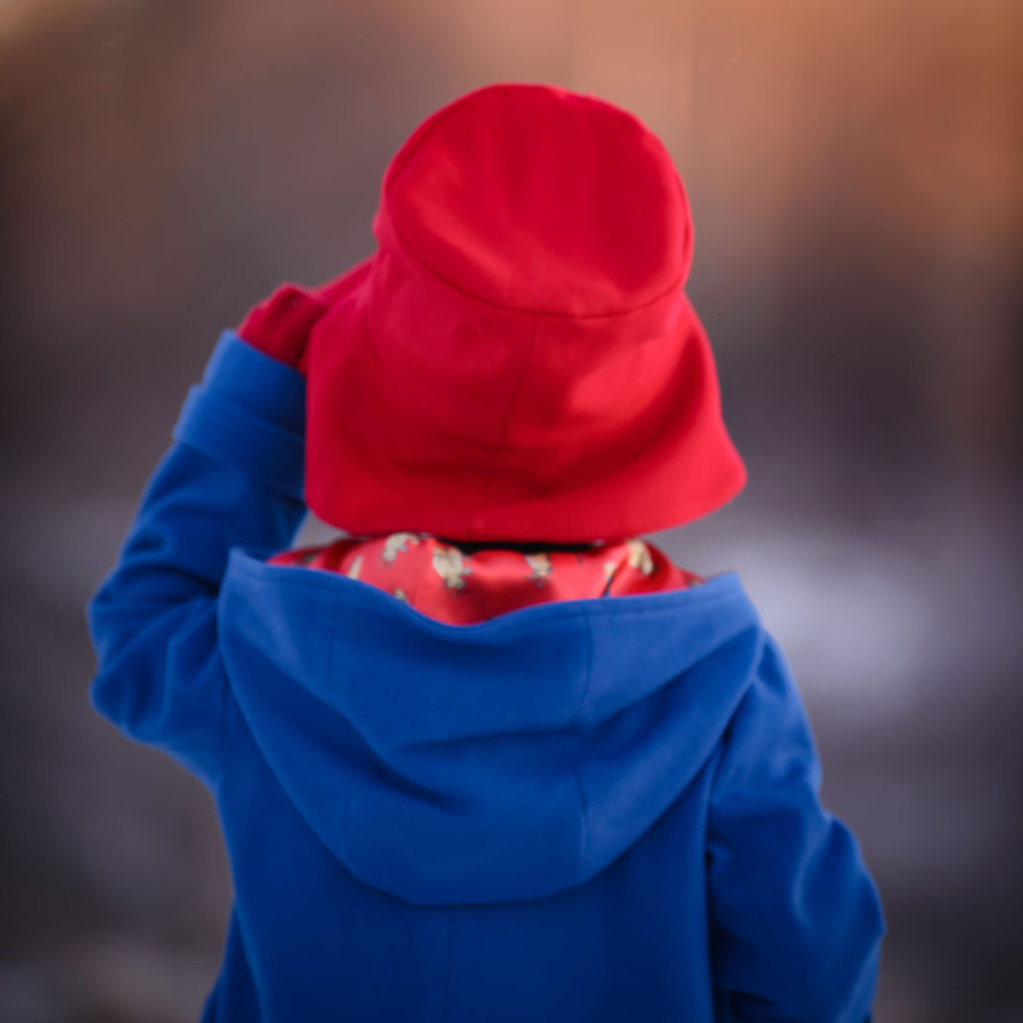 Back view of a toddler wearing a red hat and blue coat, standing outdoors in a winter