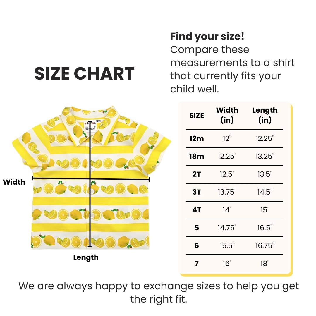 Size chart for kids' lemonade shirt with width and length measurements for sizes 12m to 7, helping find the best fit for your child.