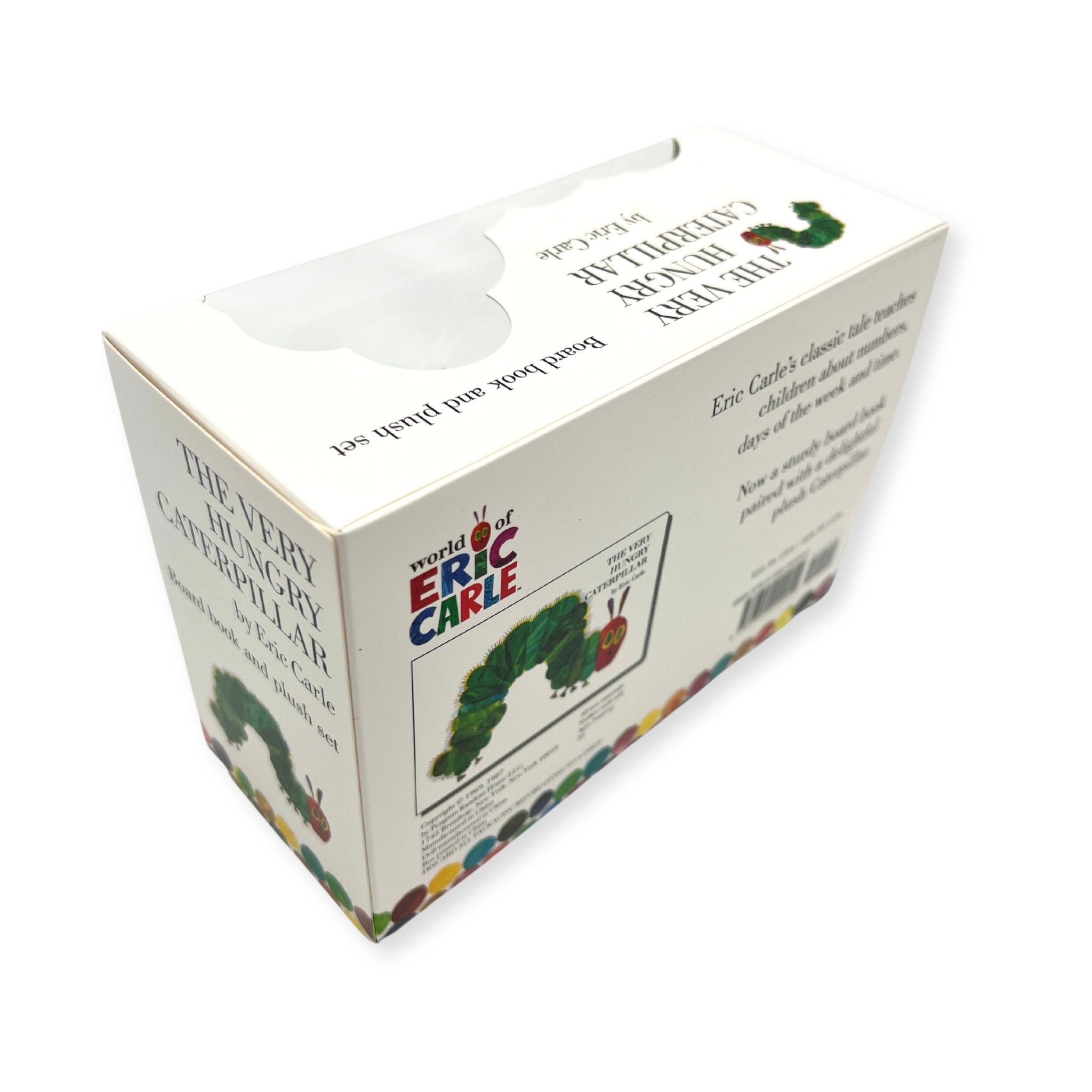 A boxed set of The Very Hungry Caterpillar by Eric Carle, featuring a board book and a green plush toy, with colorful packaging and story details