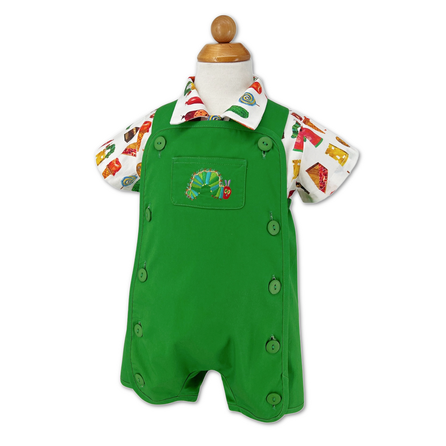 Green toddler romper with Very Hungry Caterpillar embroidery, paired with a food-print button-up shirt on form