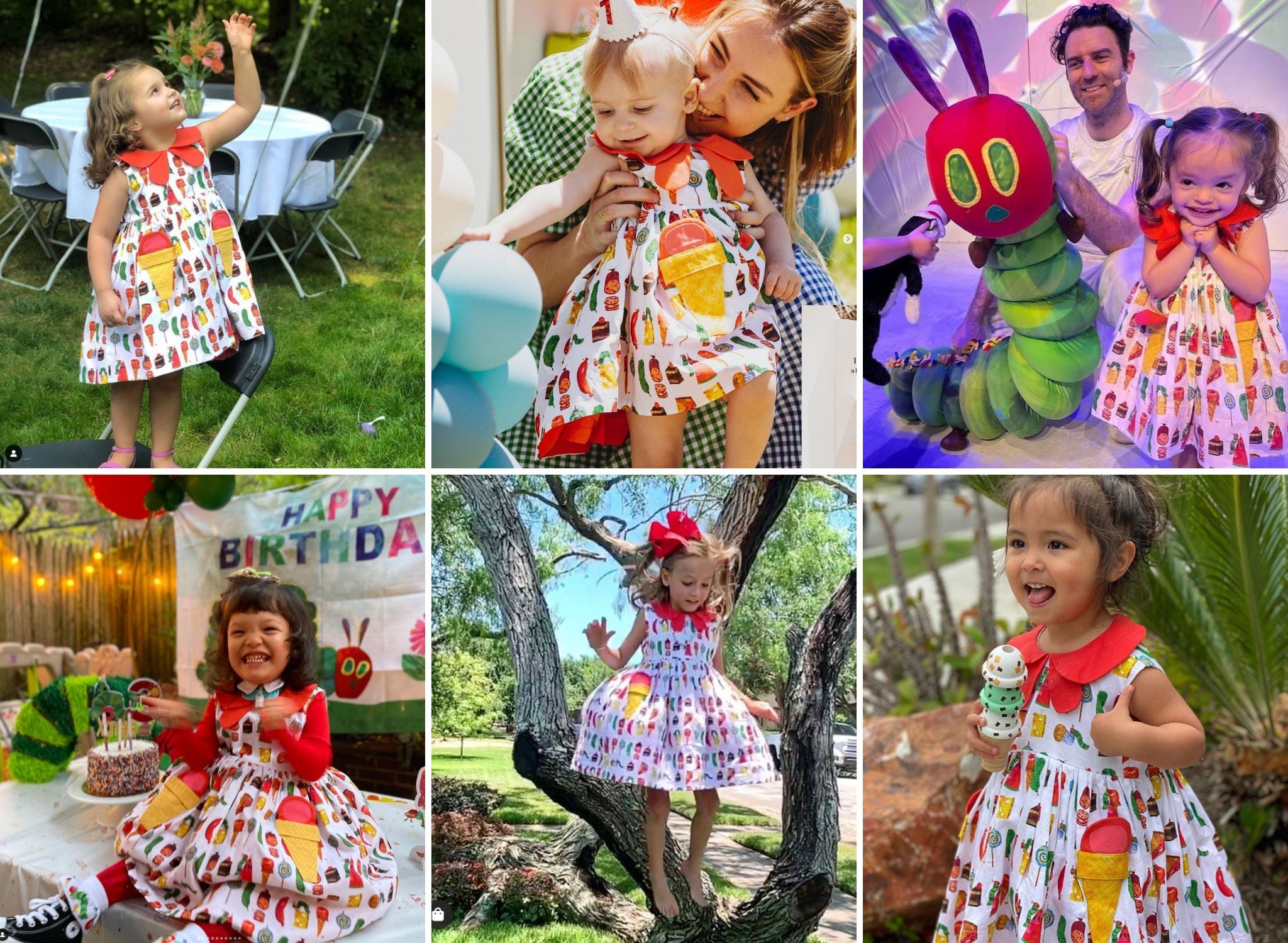A vibrant collage showcasing children in a sweet-themed dress with red accents, ice cream cone pockets, and a cheerful party vibe