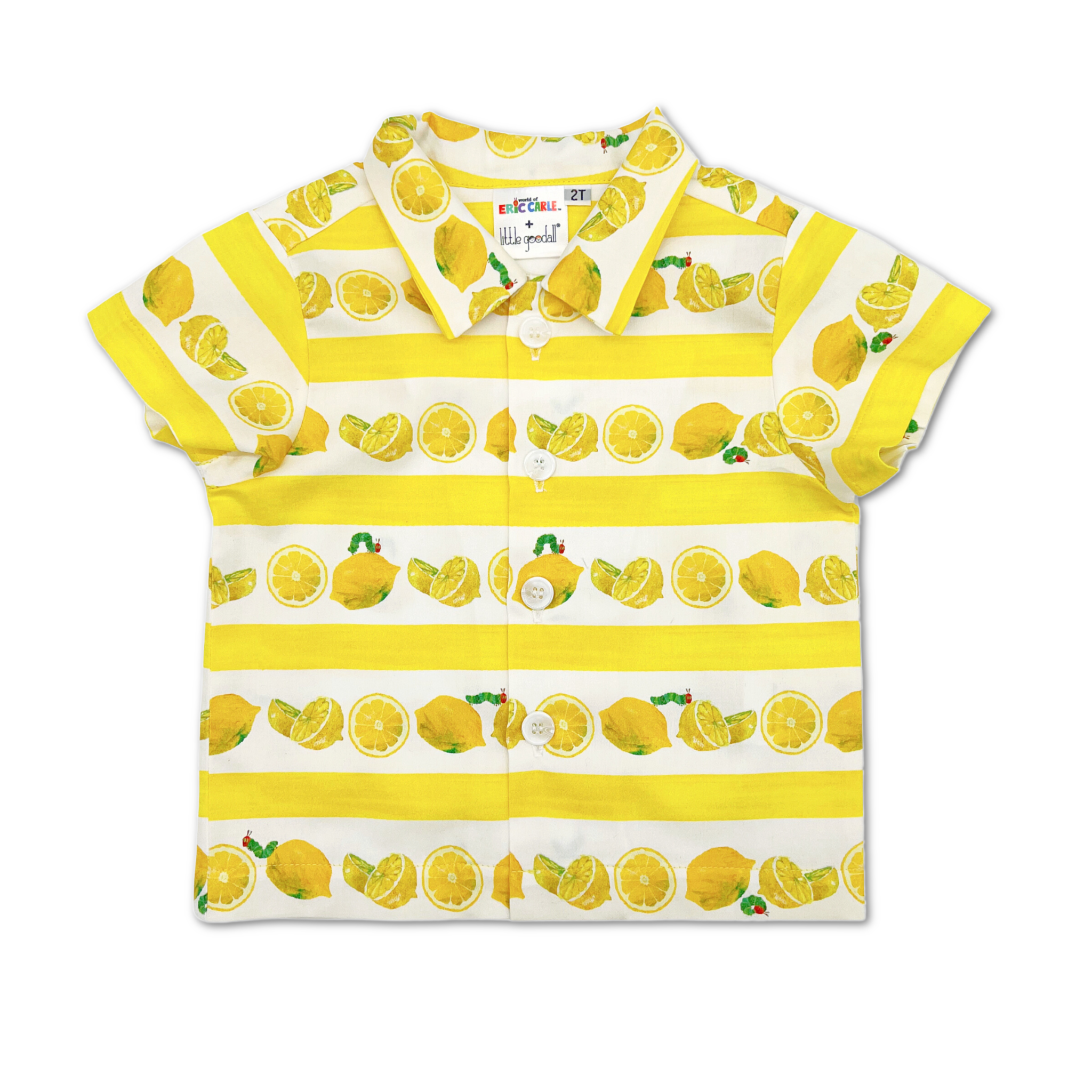 boys yellow striped button-down with lemon print and Very Hungry Caterpillar design, made from soft cotton with short sleeves and front buttons