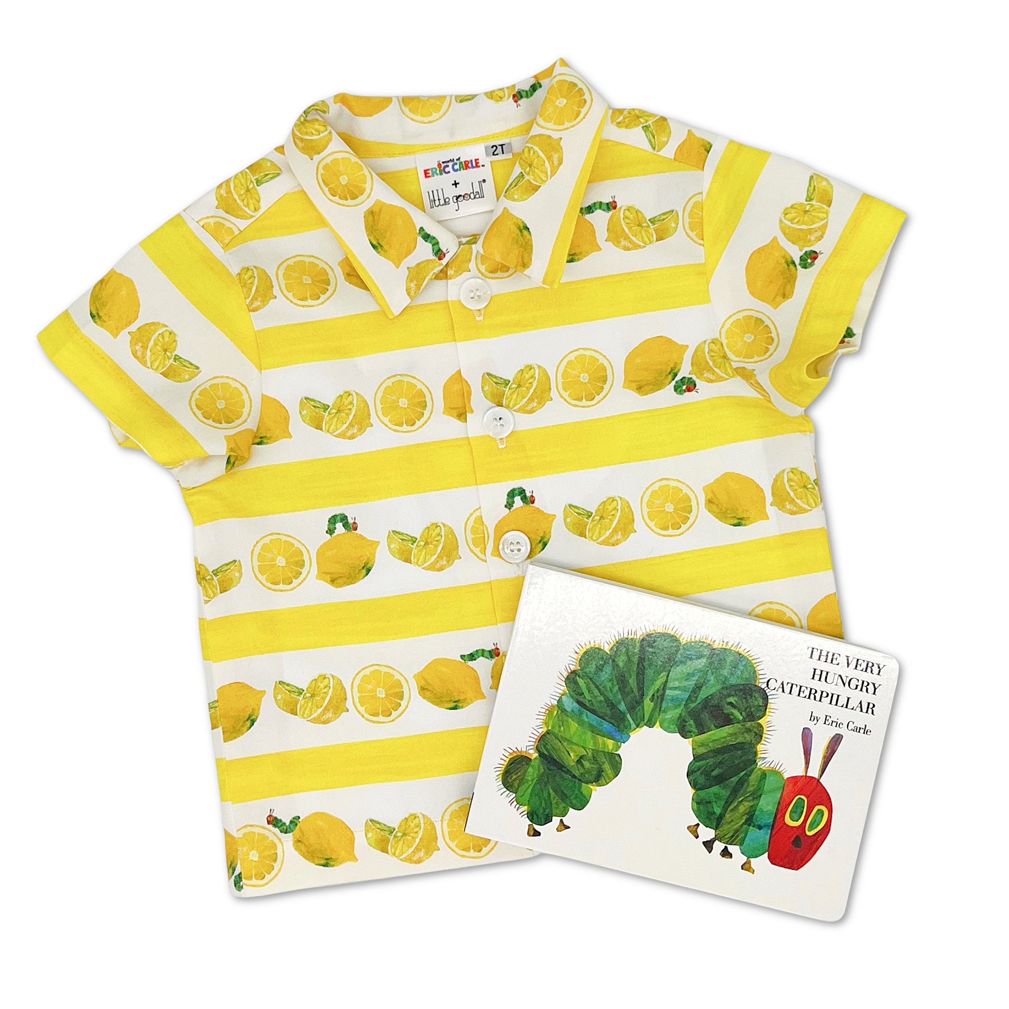 Yellow striped kids' button-down with lemon print and Very Hungry Caterpillar book, featuring soft cotton fabric and short sleeves