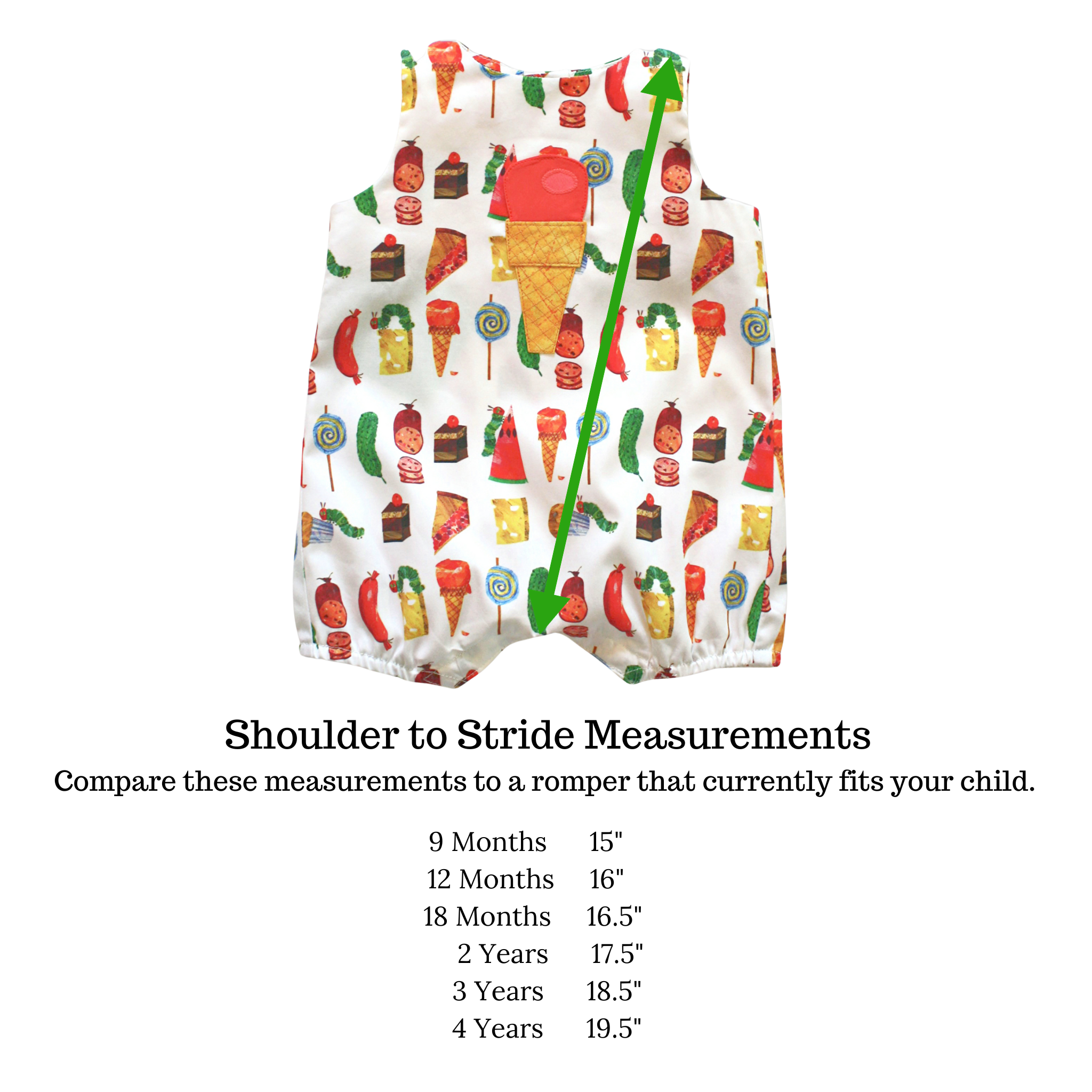 Very Hungry Caterpillar baby and toddler romper with shoulder-to-stride measurement chart for size reference