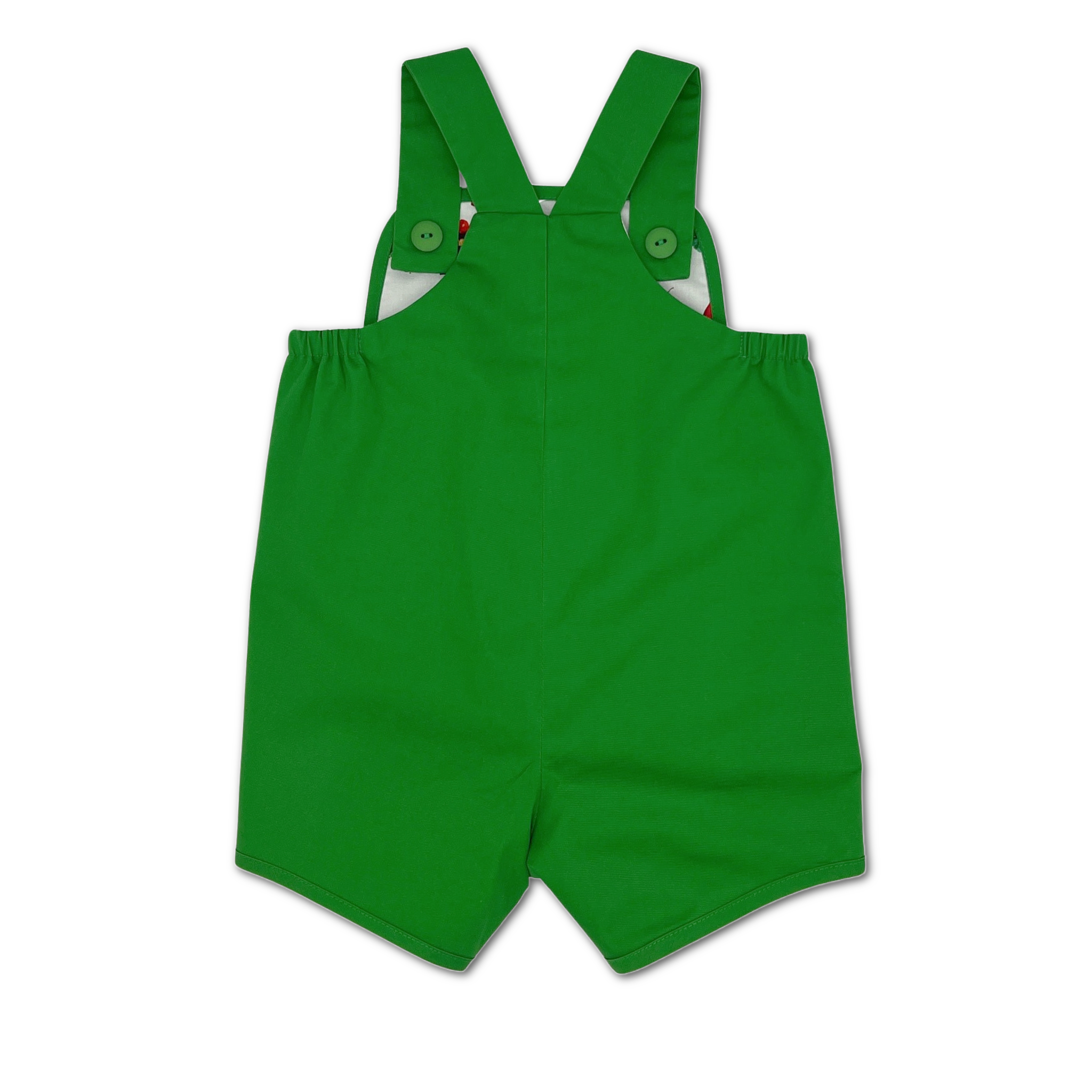 back view of  Very Hungry Caterpillar romper, featuring adjustable straps with button closures and an elasticized waist for a comfortable fit