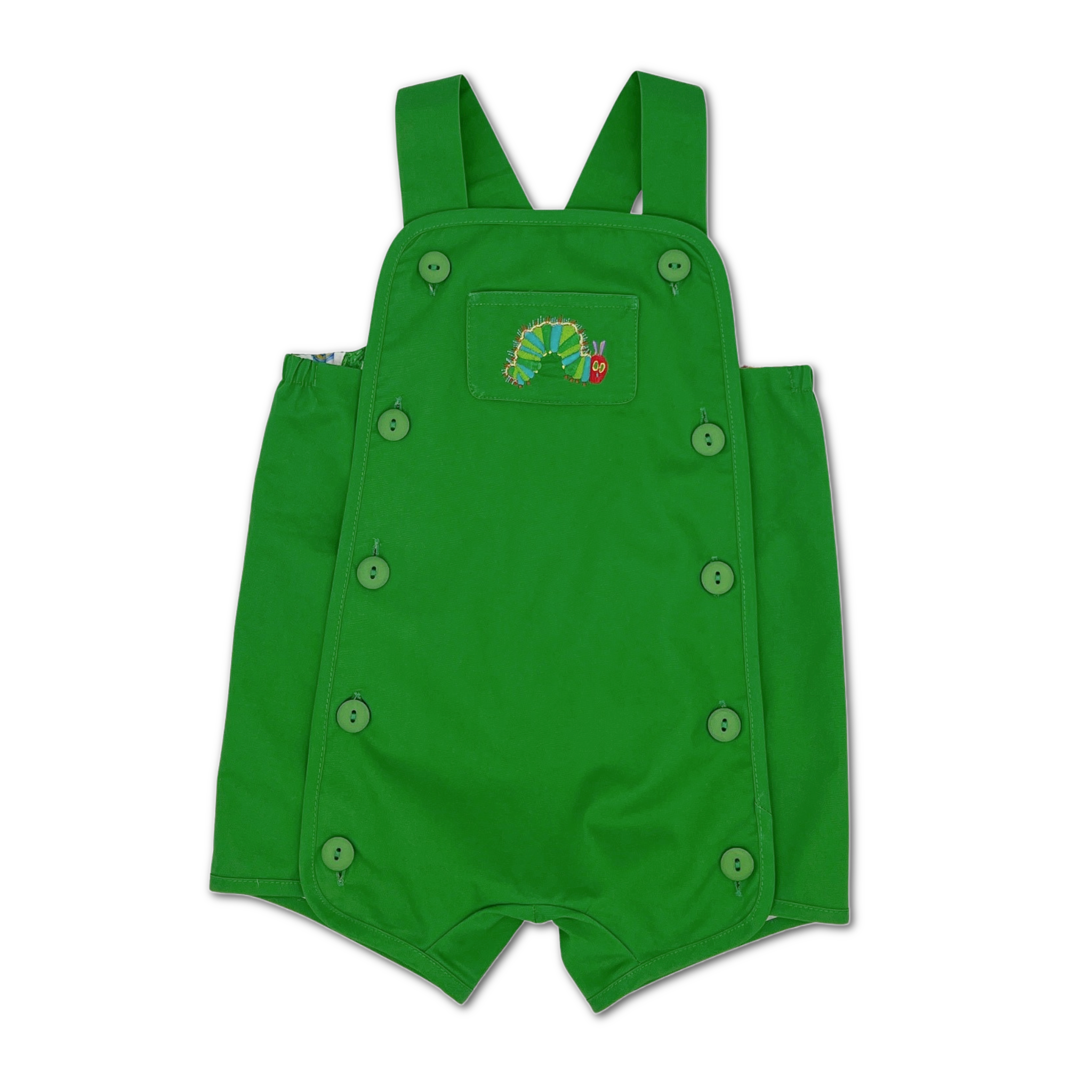 romper laid flat, showcasing vibrant green twill fabric, adjustable straps, side button closures, and an embroidered caterpillar pocket.
