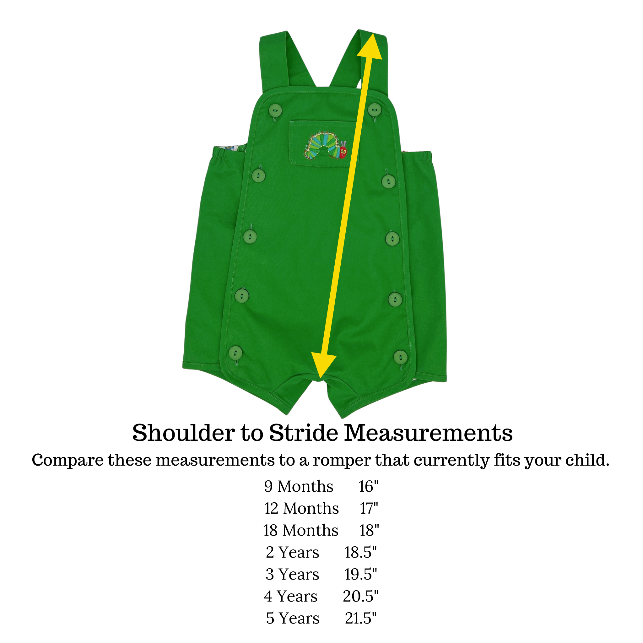 Size chart for the Hungry Caterpillar romper showing shoulder-to-stride measurements in inches for various baby and toddler sizes, with a visual guide