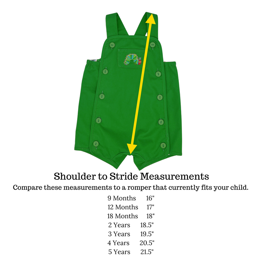 Size chart for the Hungry Caterpillar romper showing shoulder-to-stride measurements in inches for various baby and toddler sizes, with a visual guide