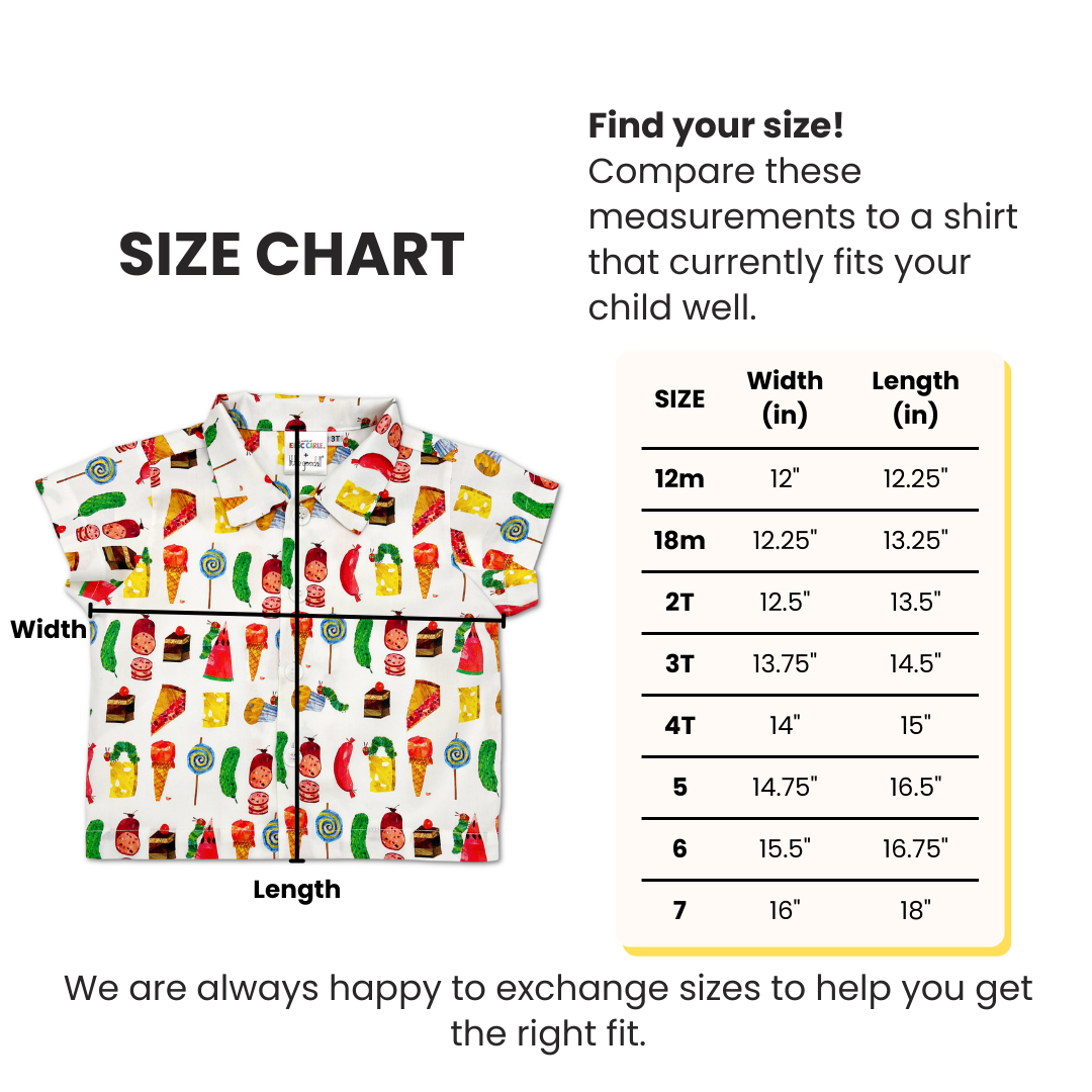 Size chart for the Very Hungry Caterpillar Party Food Shirt, displaying width and length measurements for toddler and kids' sizes from 12M to size 7