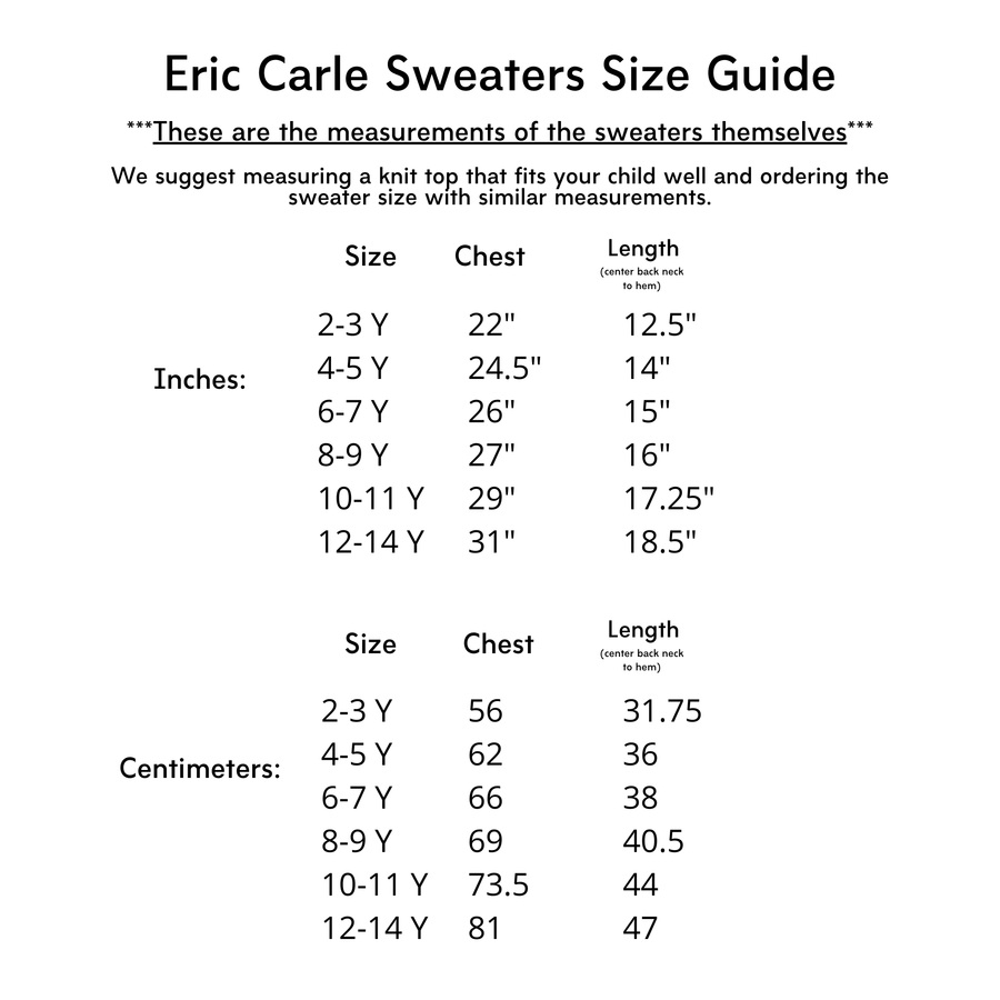 Size guide for Eric Carle's Very Hungry Caterpillar sweater, showing chest and length measurements in inches and centimeters for ages 2-14.