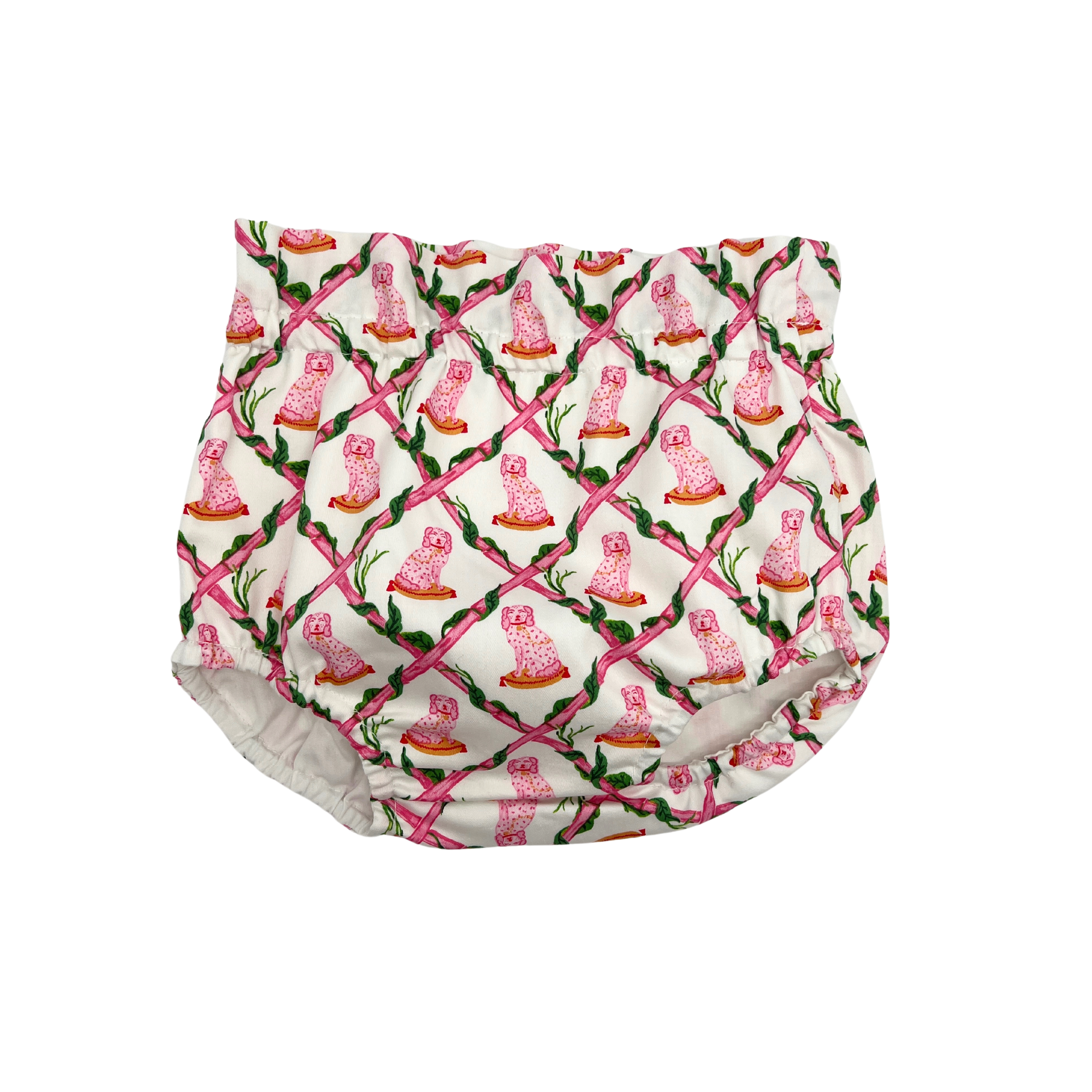 White bloomer from Willa Heart Cotton Trio with pink cheetah pattern, green leaves, and lattice design. Elastic waist and legs