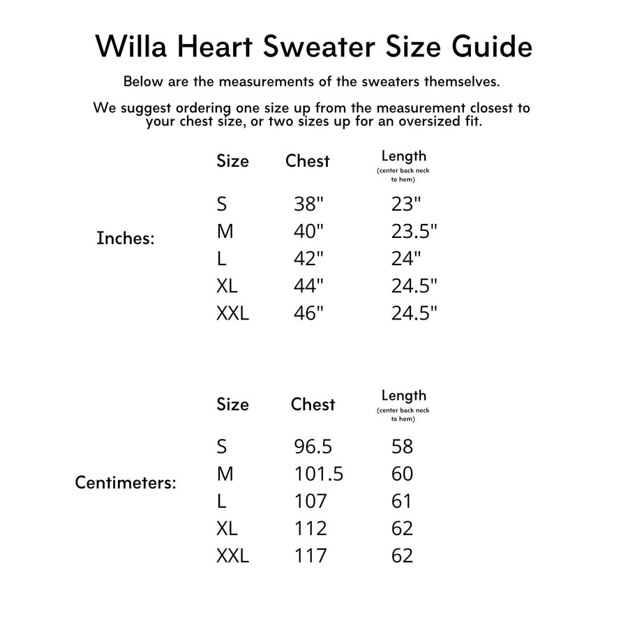 Willa Heart sweater size guide showing chest and length measurements in inches and centimeters for sizes S to XXL.