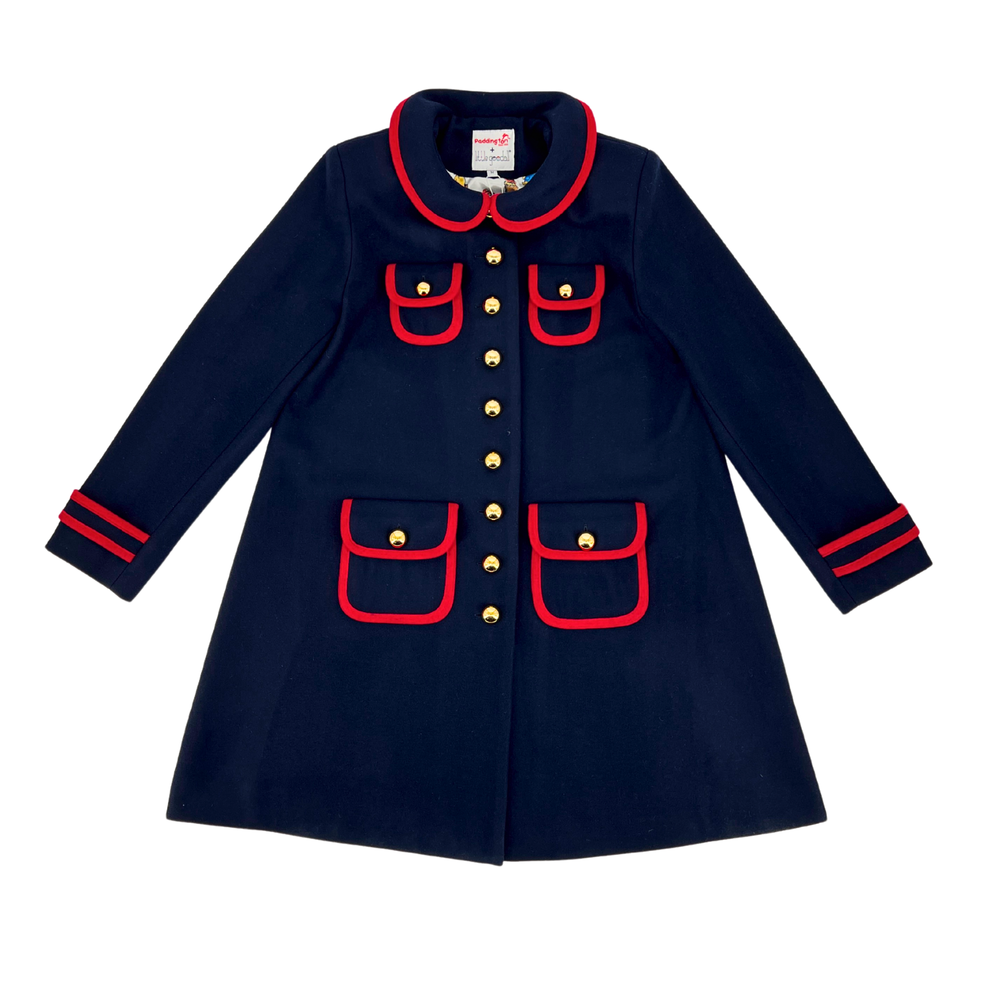 Charming women's deep blue wool winter coat with gold buttons and red trim.