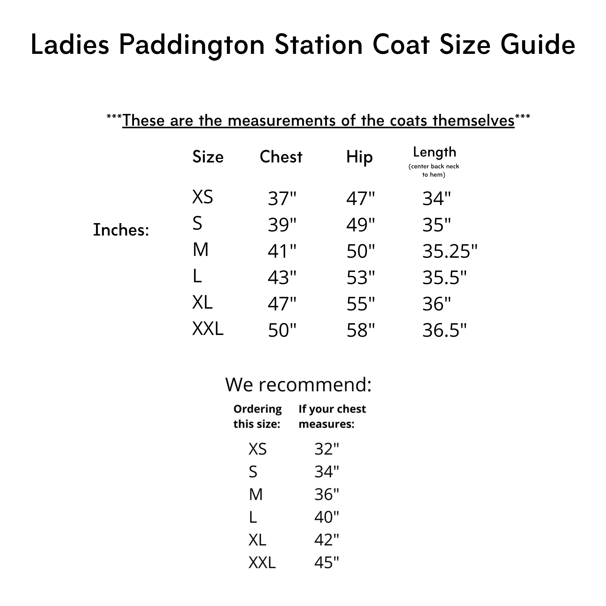 Detailed size chart for the navy wool Paddington-inspired coat for women, including chest, hip, and length measurements.