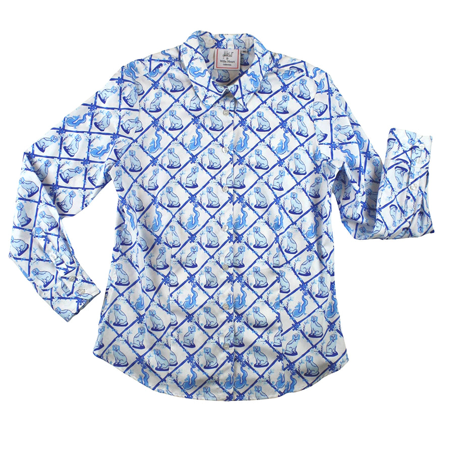 Ladies Classic Shirt in Willa Heart Blue and White Dog Print