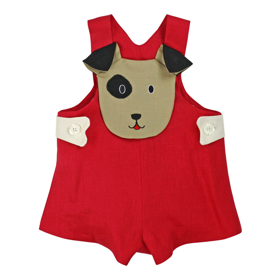 red linen romper with puppy face bib for baby boys