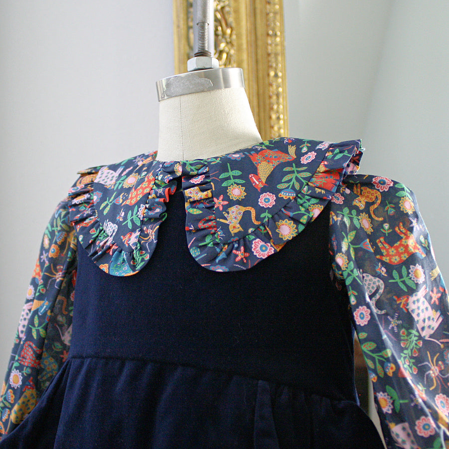 Navy Blue Velveteen Dress with Folk Tails Blue Liberty London Blouse