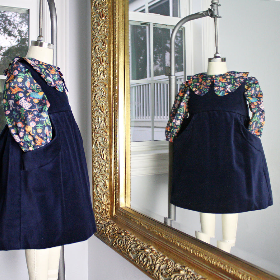 Navy Blue Velveteen Dress with Folk Tails Blue Liberty London Blouse