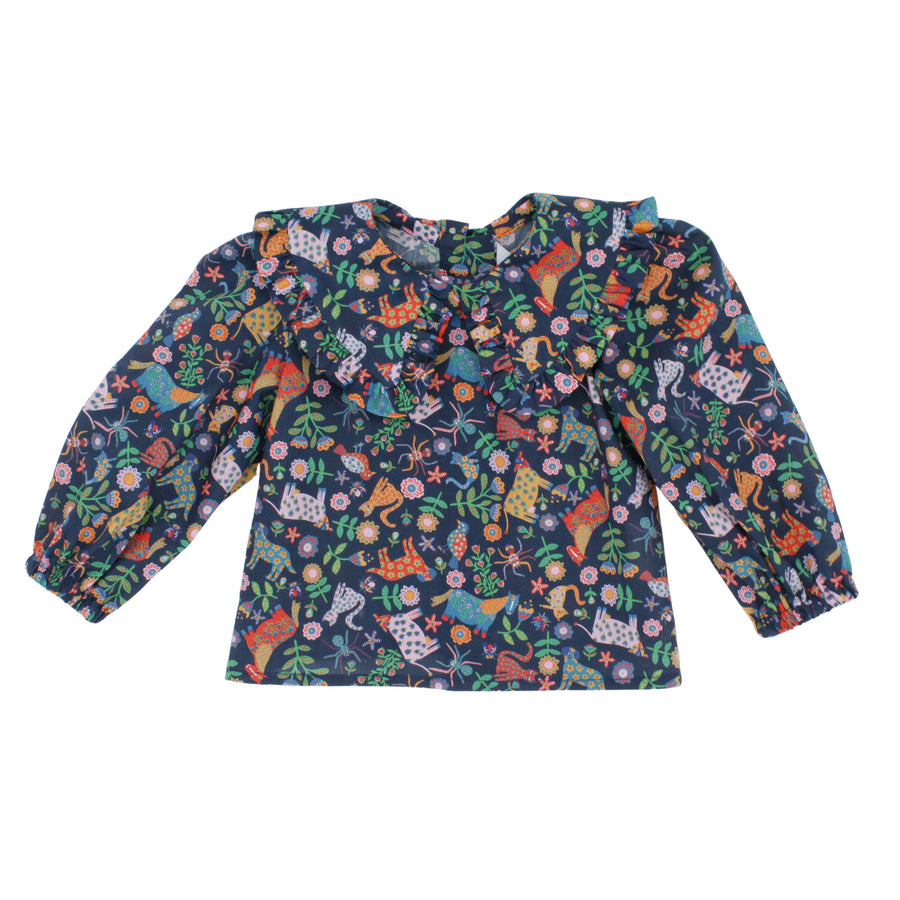 Navy Blue Velveteen Dress with Folk Tails Blue Liberty London Blouse