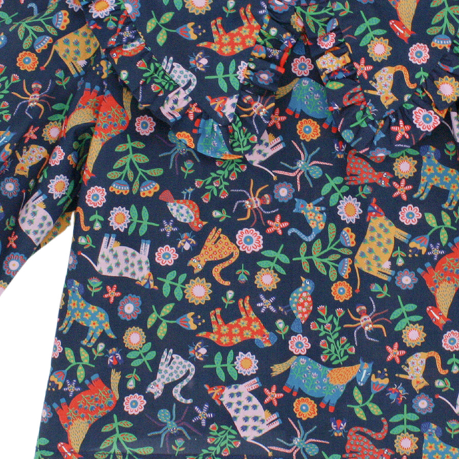 Navy Blue Velveteen Dress with Folk Tails Blue Liberty London Blouse