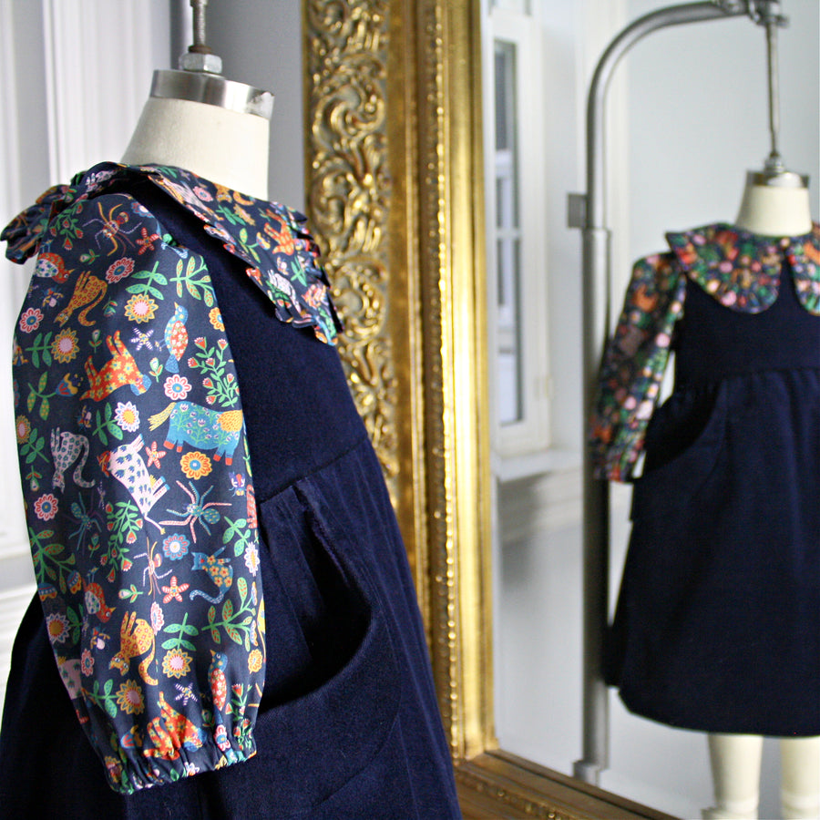 Navy Blue Velveteen Dress with Folk Tails Blue Liberty London Blouse