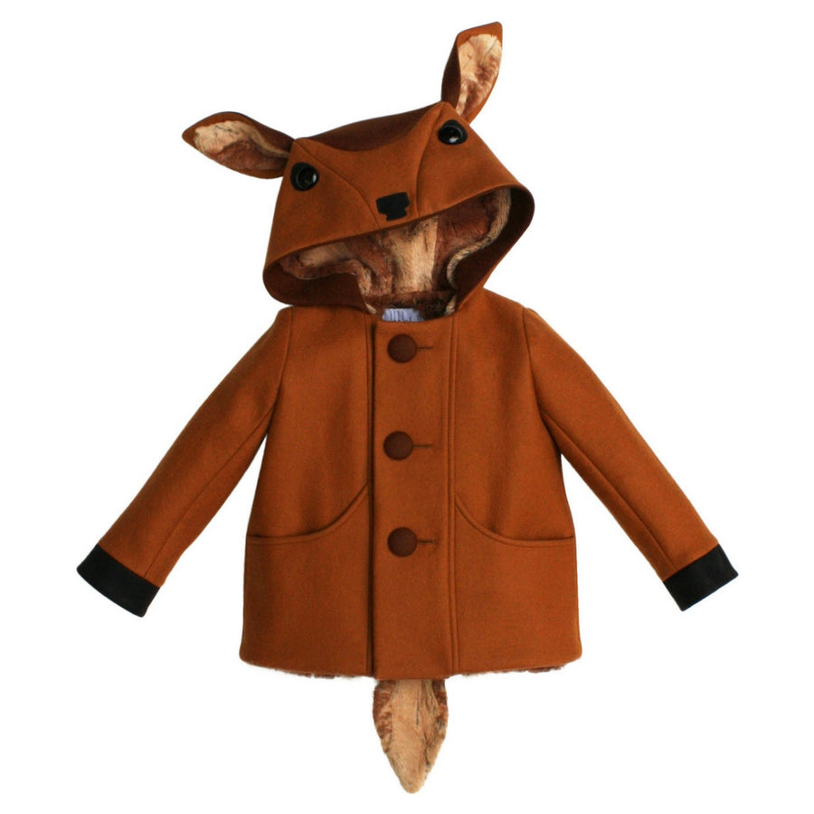Brown wool coat with a fawn head as a hood and includes a soft tail in the back.