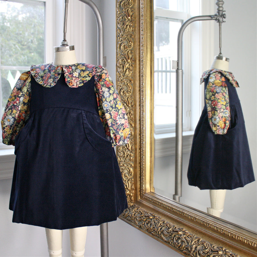 Navy Velveteen Dress with Heirloom Floral Liberty London Blouse