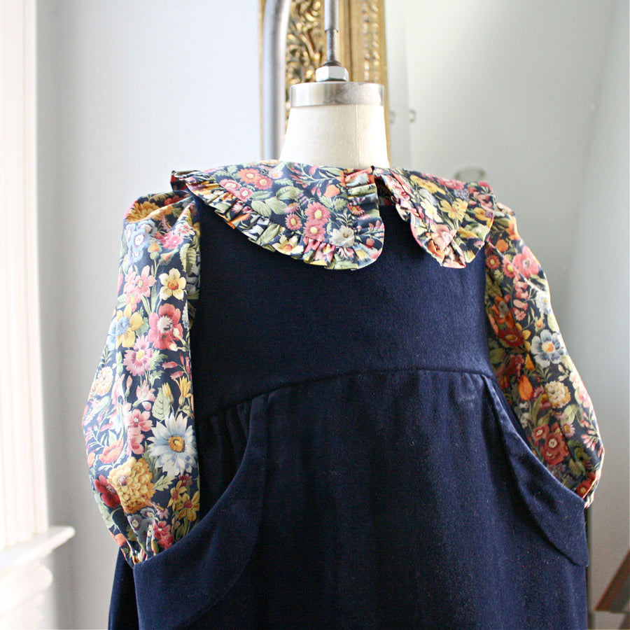 Navy Velveteen Dress with Heirloom Floral Liberty London Blouse