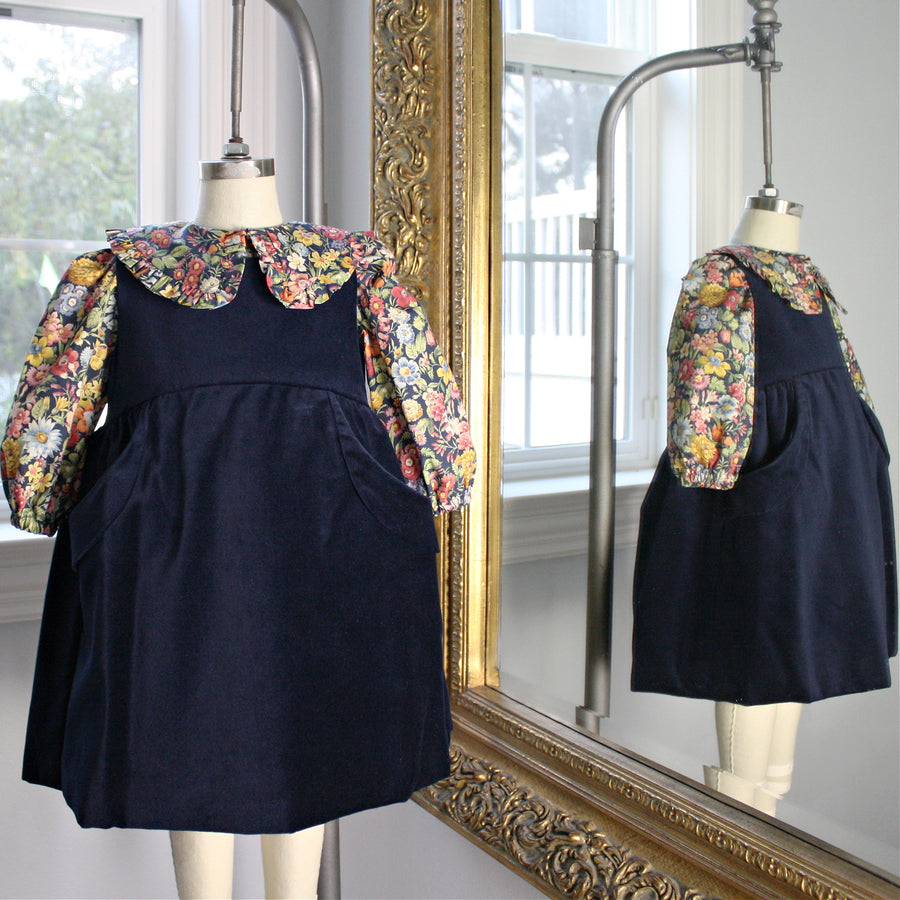 Navy Velveteen Dress with Heirloom Floral Liberty London Blouse