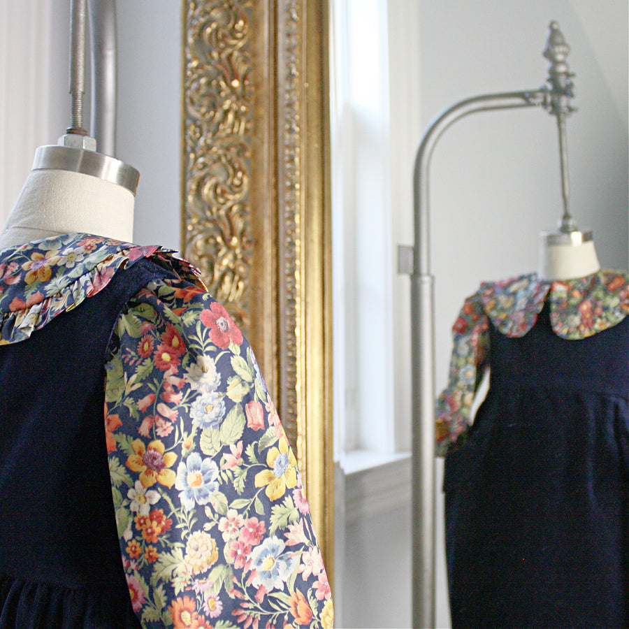 Navy Velveteen Dress with Heirloom Floral Liberty London Blouse
