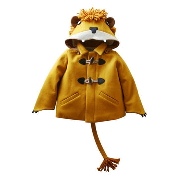 Yellow coat with a lion's face as hood including, two pointy white teeth, button eyes, two brown ears, and orange yarn mane.