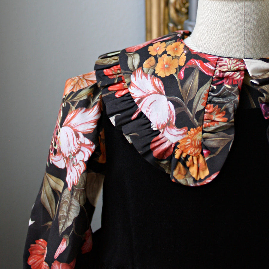 Black Velveteen Dress with Stately Bouquet Liberty London Blouse